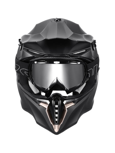 Oumurs 806 Matte Black off-road motocross helmet with UV-protective goggles, front view