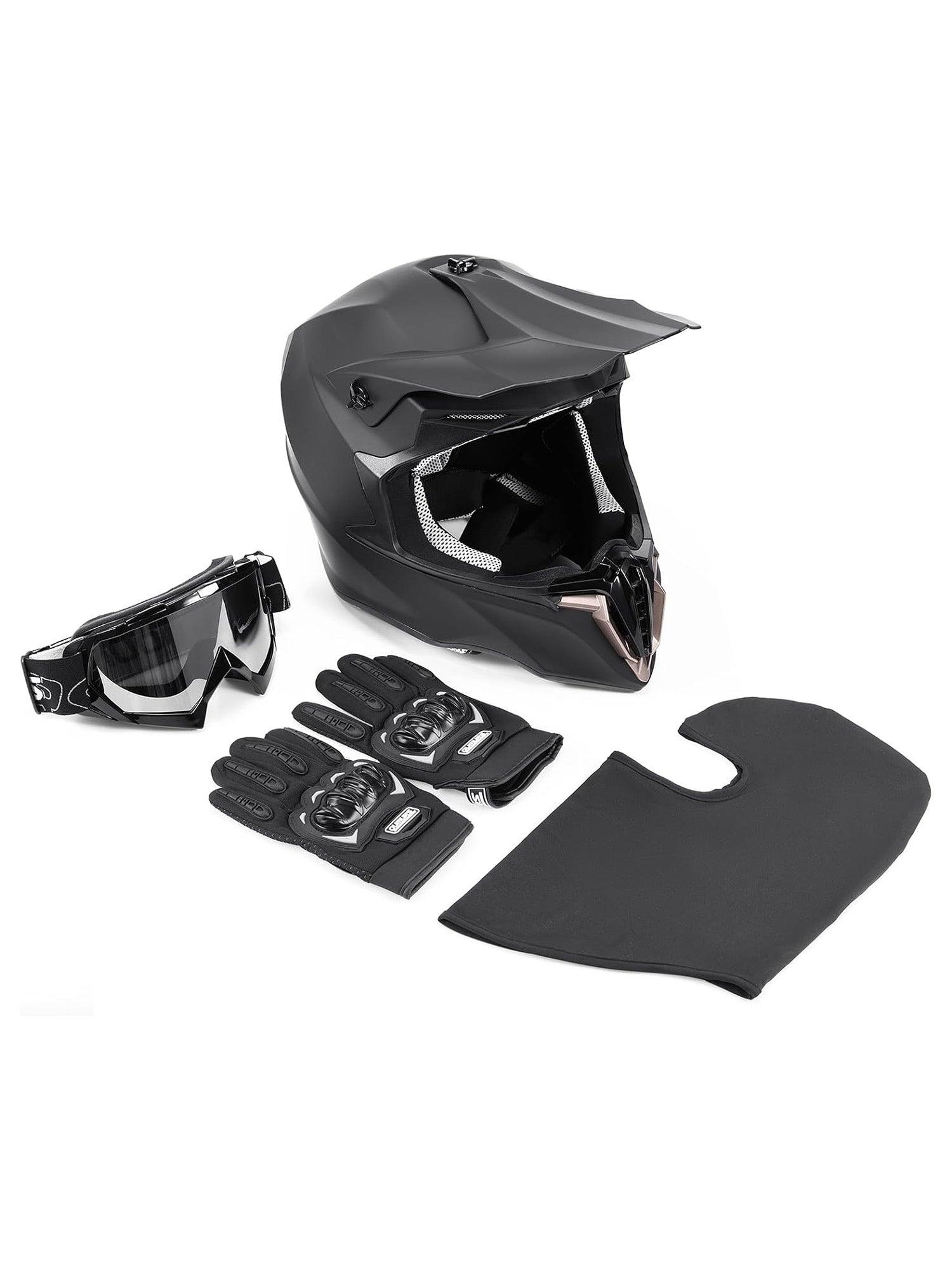 An Oumurs 806 off-road helmet in matte black with matching goggles, gloves, and a balaclava arranged on a white background