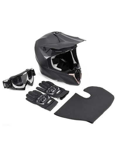 An Oumurs 806 off-road helmet in matte black with matching goggles, gloves, and a balaclava arranged on a white background