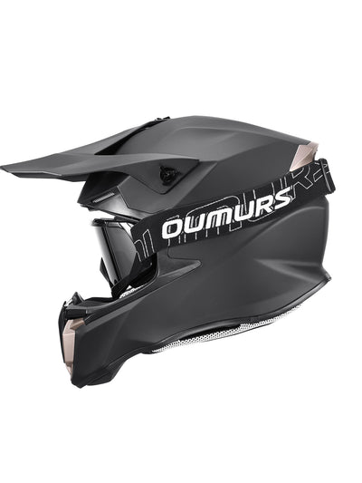 Oumurs 806 Matte Black motocross helmet with matching goggles, left side view