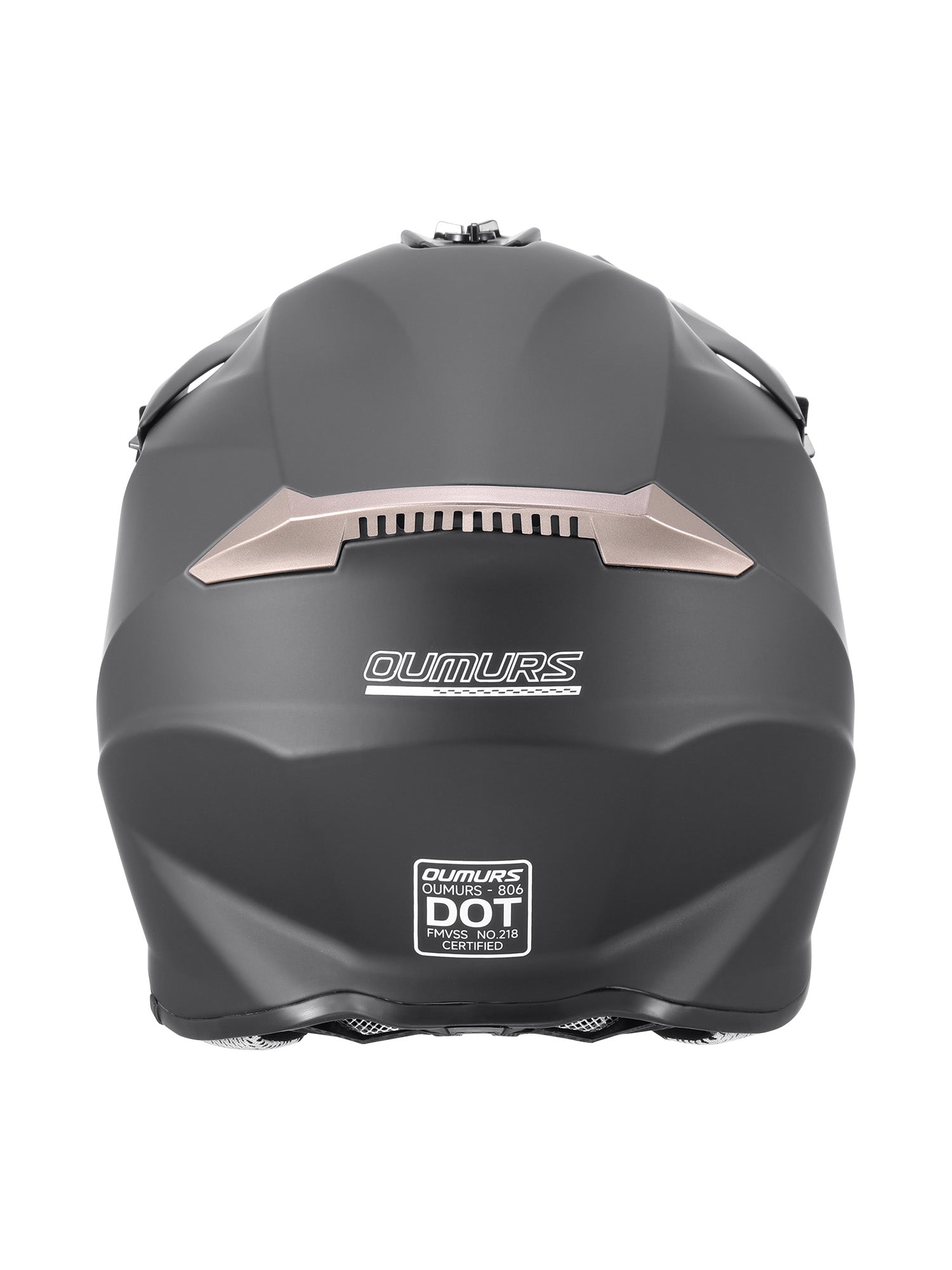 Oumurs 806 matte black off-road helmet shown from the rear, featuring the brand name and DOT FMVSS 218 certification label.