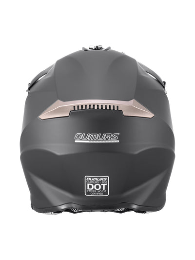 Oumurs 806 matte black off-road helmet shown from the rear, featuring the brand name and DOT FMVSS 218 certification label.