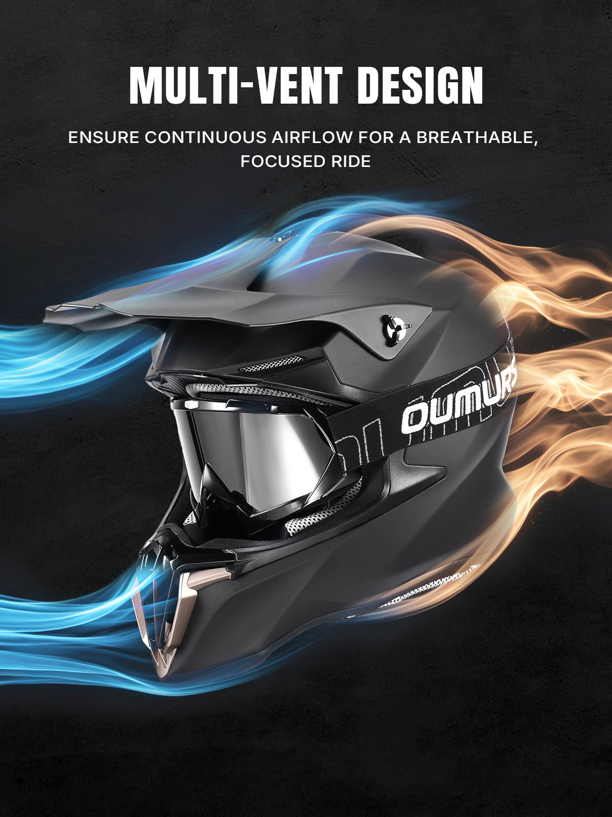 Oumurs 806 Matte Black off-road helmet with goggles featuring multi-vent airflow design showing fresh, cool air intake and stale air exhaust.