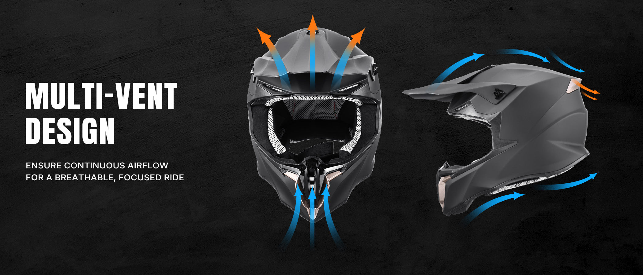 Front and side view of the Oumurs 806 Matte Black off-road helmet showing multi-vent design, with arrows indicating airflow entering through the front and side vents and exiting the rear vent