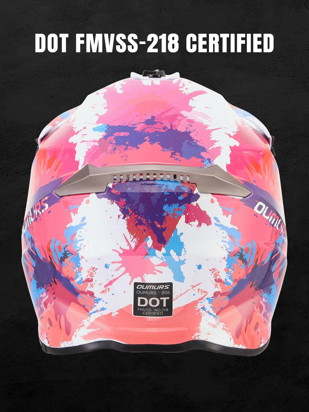 Oumurs 806 PINK SPLASH off-road helmet shown from the rear, featuring the brand name and DOT FMVSS 218 certification label.