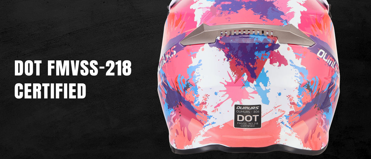Oumurs 806 PINK SPLASH off-road helmet shown from the rear, featuring the brand name and DOT FMVSS 218 certification label.