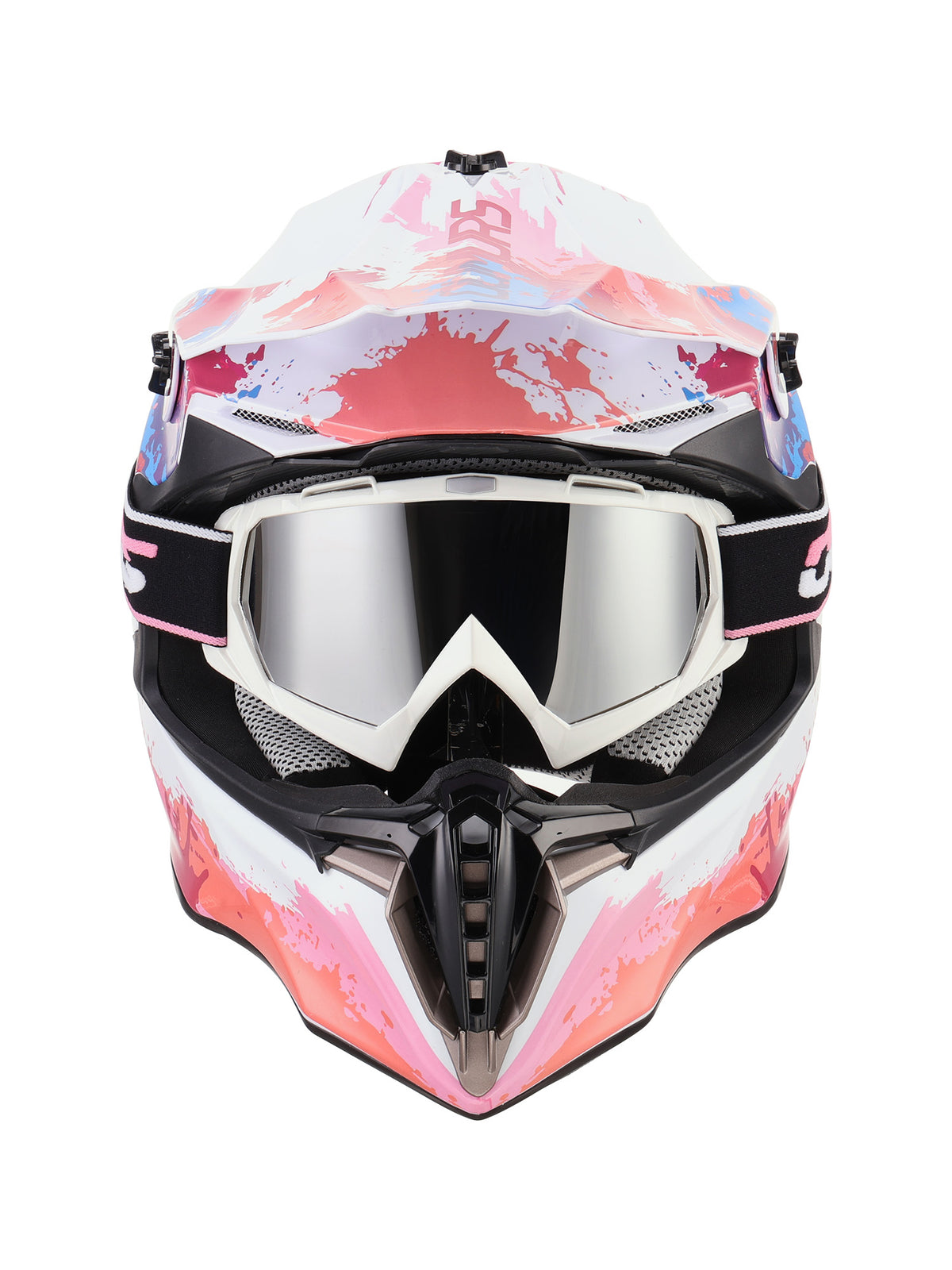 A full-face motocross helmet with matching goggles, featuring a white base with pink and blue paint-splatter graphics. The goggles have a reflective silver lens and black and white frames.