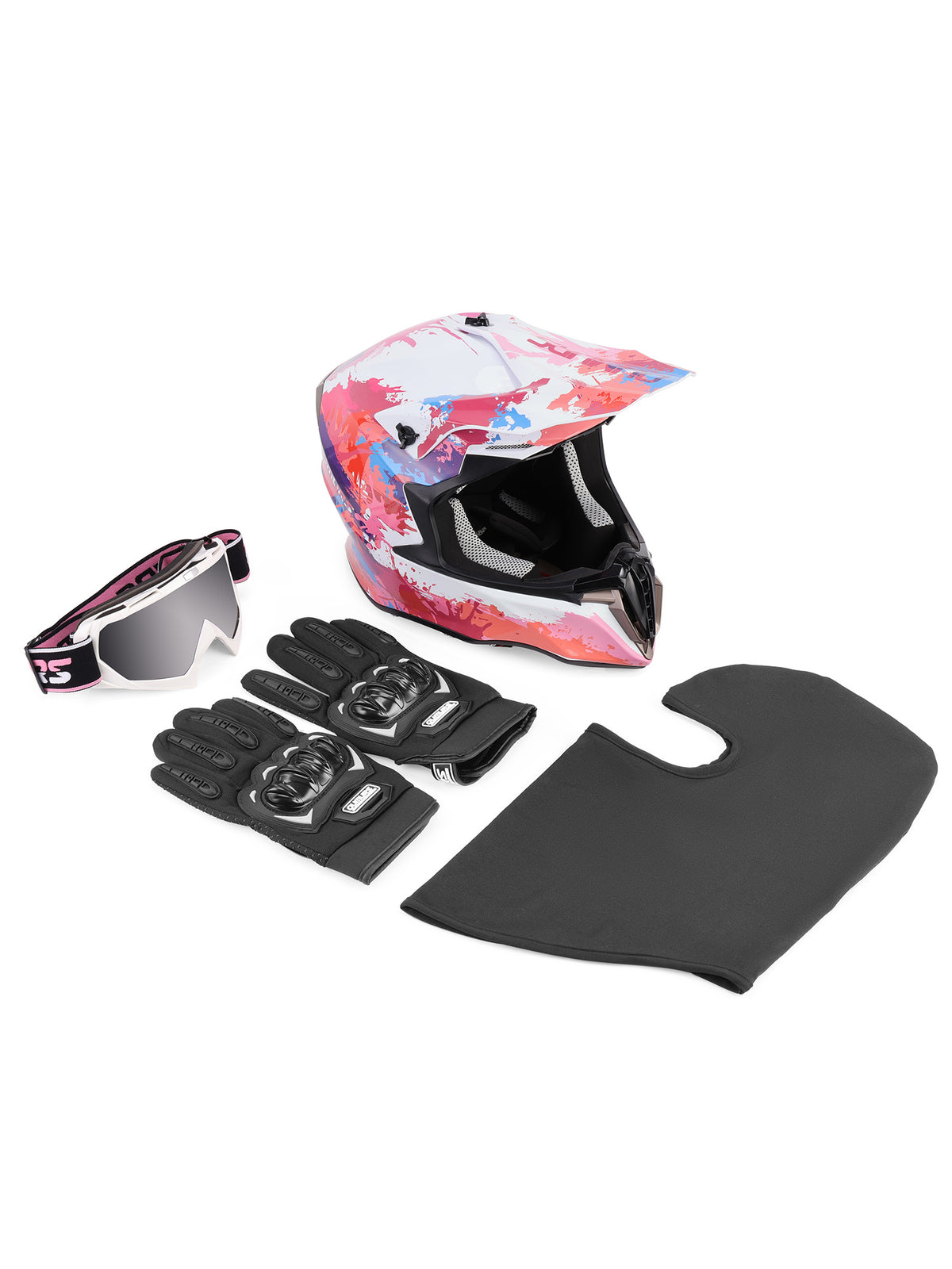 A motocross helmet set on a white background, including a full-face helmet with a pink, white, and blue graphic pattern, matching goggles, black gloves, and a black neck guard.