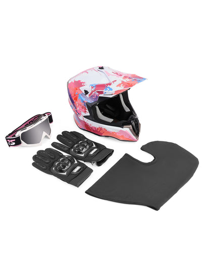 A motocross helmet set on a white background, including a full-face helmet with a pink, white, and blue graphic pattern, matching goggles, black gloves, and a black neck guard.