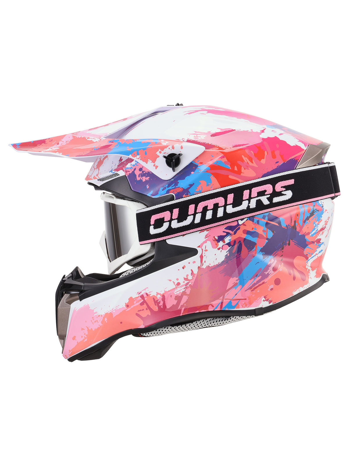 A full-face motocross helmet with a vibrant pink, orange, and blue paint splatter pattern, featuring a black chin strap with the brand name 'OUMURS' in white.