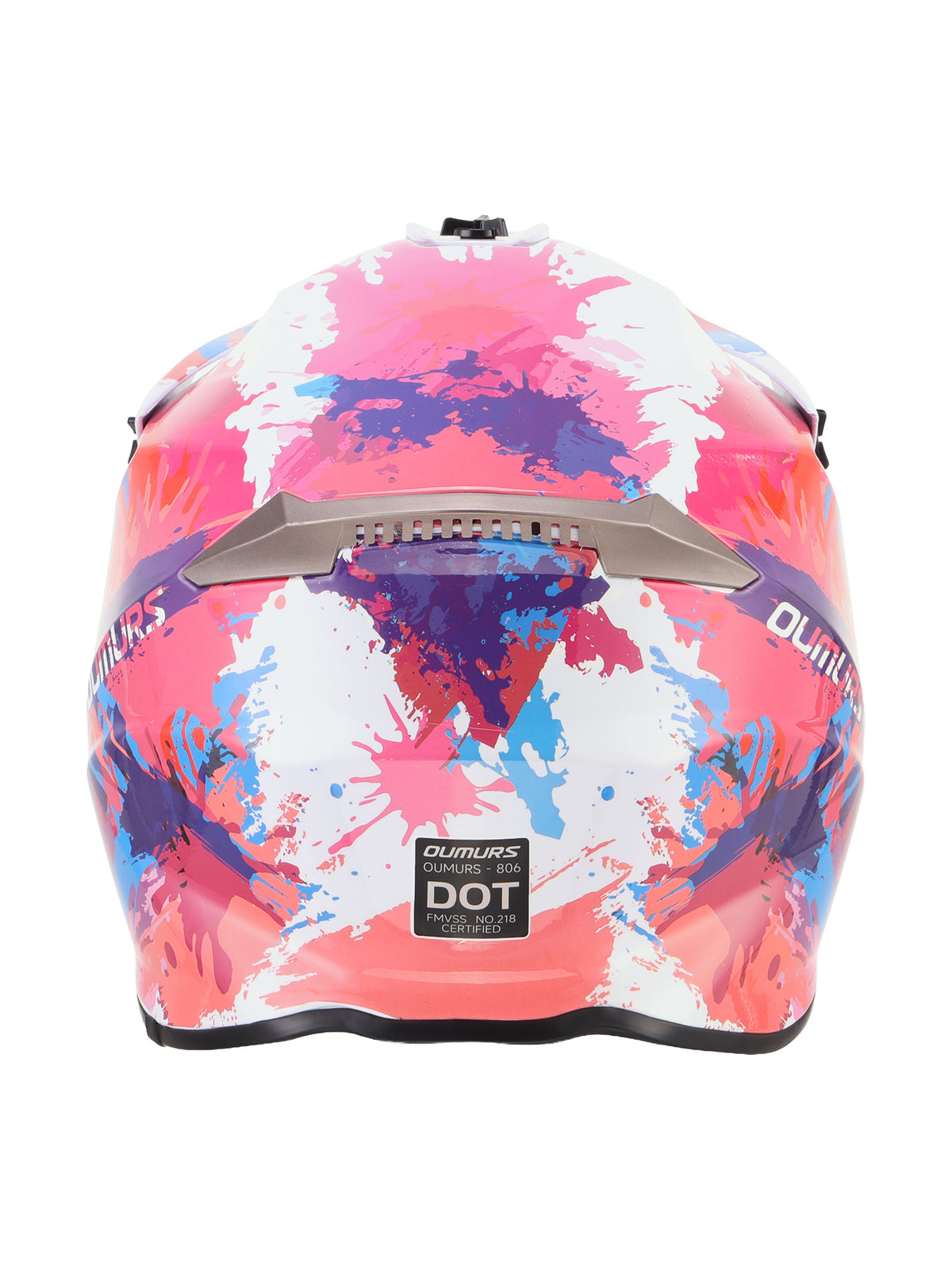 A full-face motorcycle helmet with a vibrant abstract paint splatter pattern in pink, purple, blue, and white. The helmet features a silver visor, a black rear window, and a black DOT certification sticker on the back.