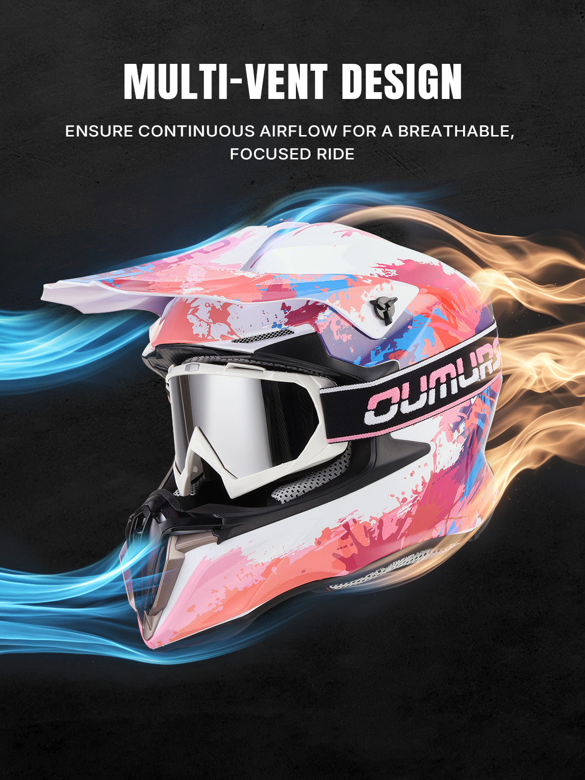 A promotional graphic for a Oumurs_806_PINK SPLASH  helmet with two views on a dark background. The left view shows the front of the helmet with airflow arrows entering the vents, and the right view shows the side with airflow arrows moving across the shell.