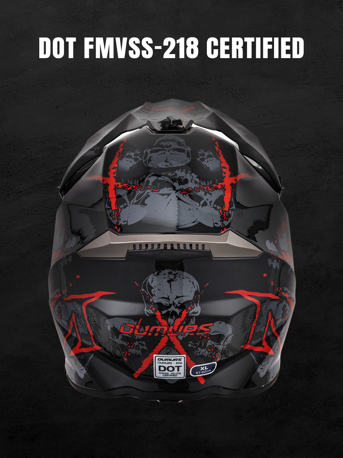 Oumurs 806 Red Skull off-road helmet shown from the rear, featuring the brand name and DOT FMVSS 218 certification label.