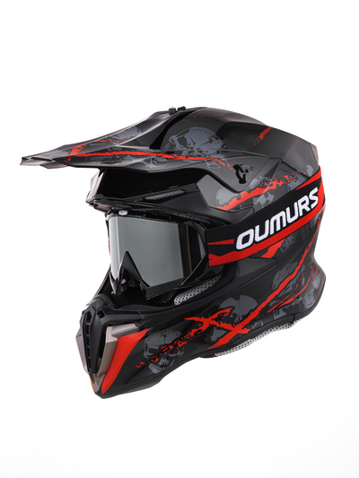 Oumurs 806 Red Skull motocross helmet with matching goggles, left front three-quarter view