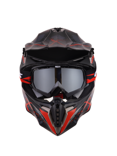 Oumurs 806 Red Skull off-road motocross helmet with goggles, front view