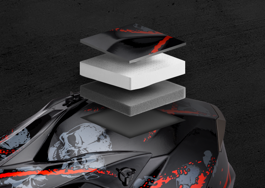 Exploded view of the Oumurs 806 Red Skull off-road helmet's layers: ABS hard shell, EPS buffer layer, and comfort cushioning lining.
