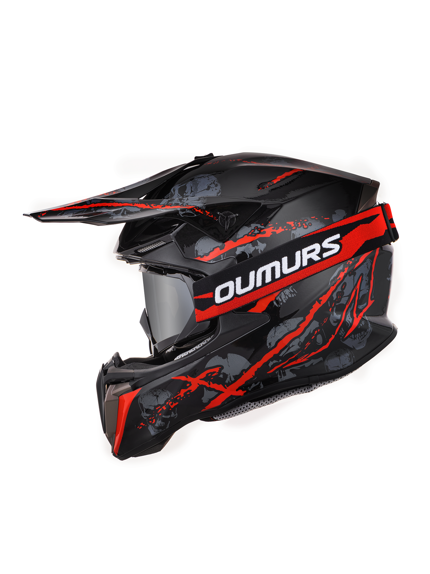 Oumurs 806 Red Skull motocross helmet with matching goggles, left side view