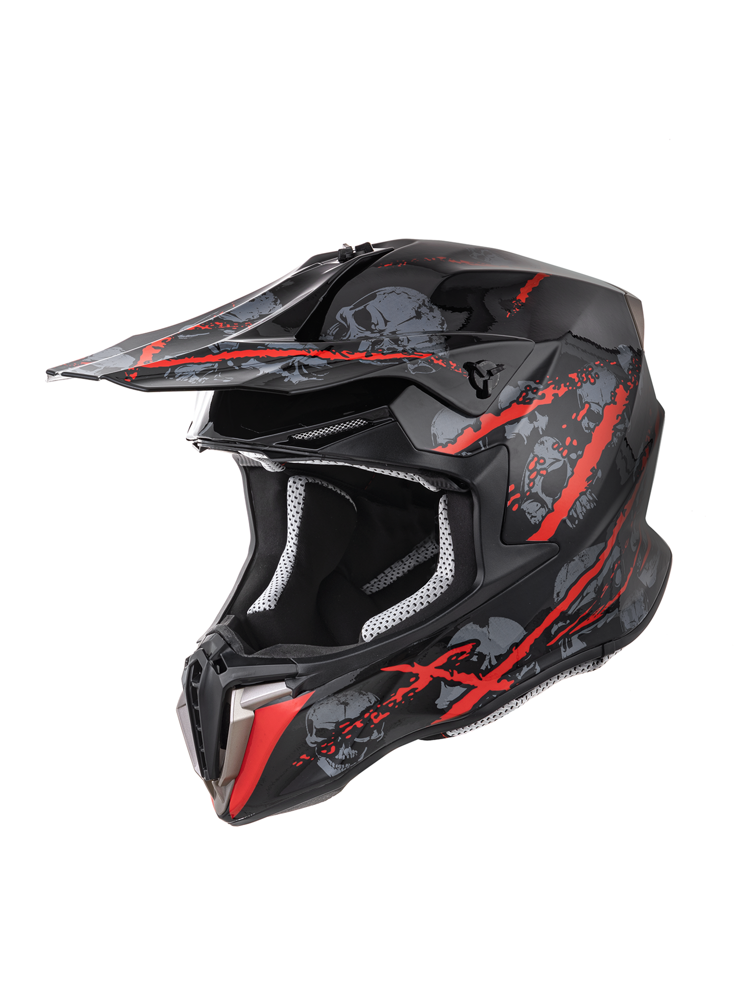Oumurs 806 Red Skull motocross helmet, shown from a left three-quarters angle.