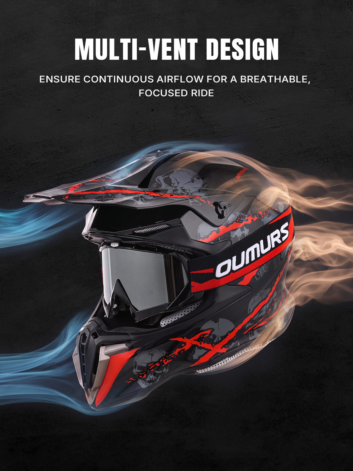 Oumurs 806 Red Skull off-road helmet with goggles featuring multi-vent airflow design showing fresh, cool air intake and stale air exhaust.