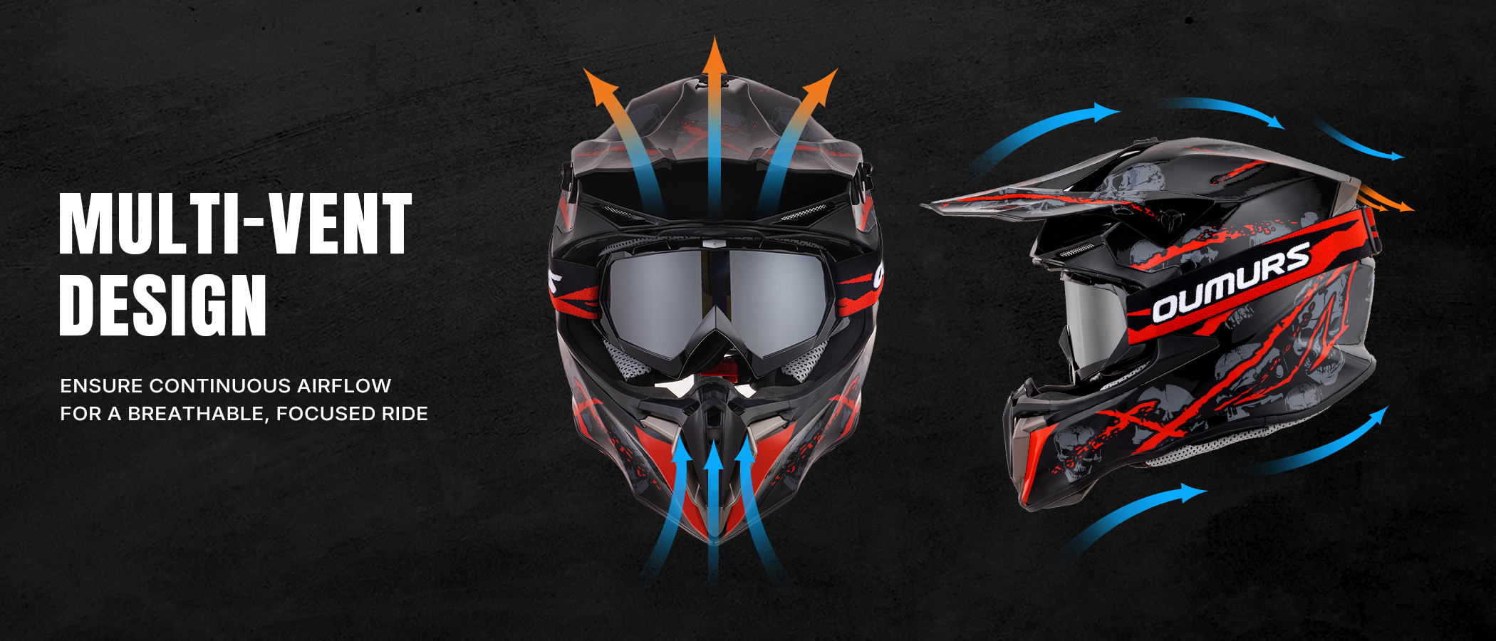 Front and side view of the Oumurs 806 Red Skull off-road helmet showing multi-vent design, with arrows indicating airflow entering through the front and brow vents and exiting the rear vent.