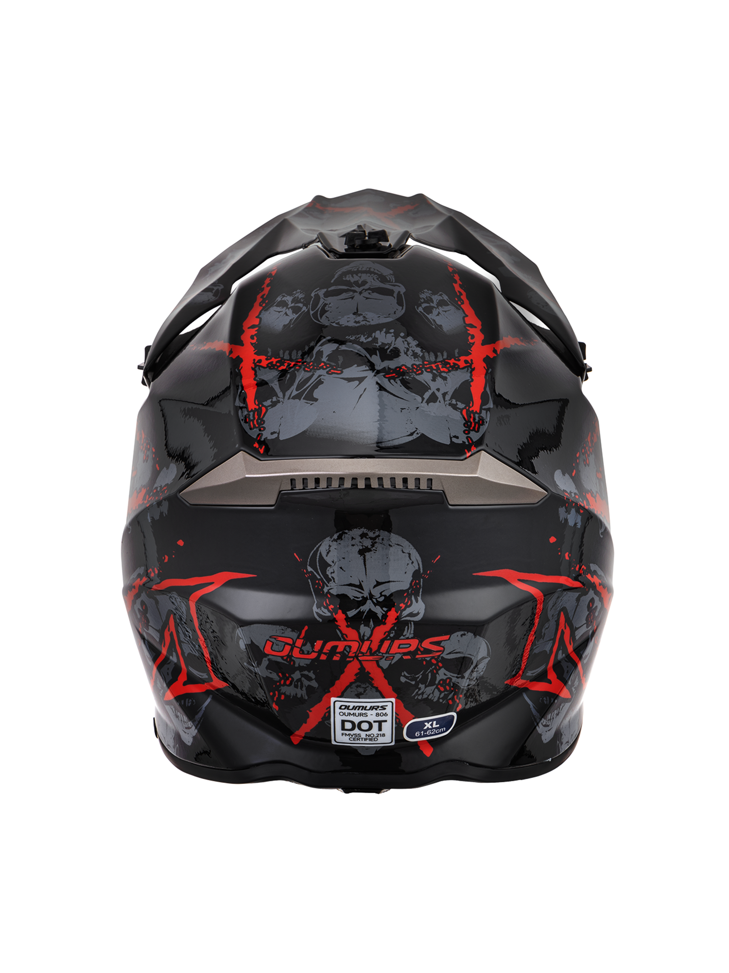 Oumurs 806 Red Skull off-road helmet shown from the rear, featuring the brand name and DOT FMVSS 218 certification label.