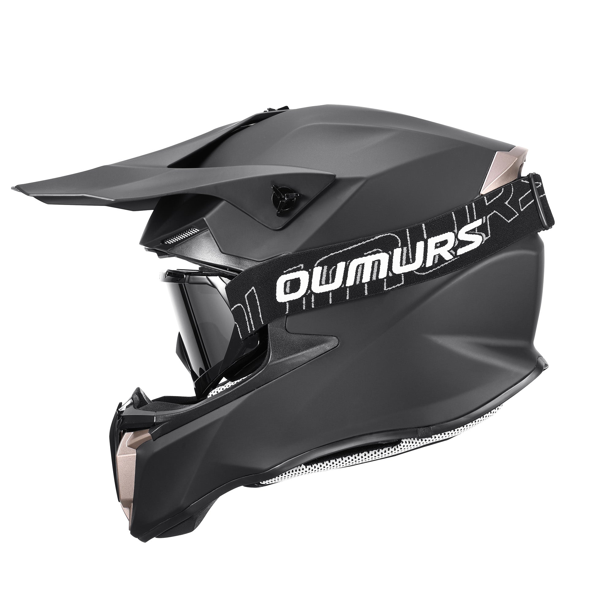 Oumurs 806 Matte Black motocross helmet with matching goggles, left side view