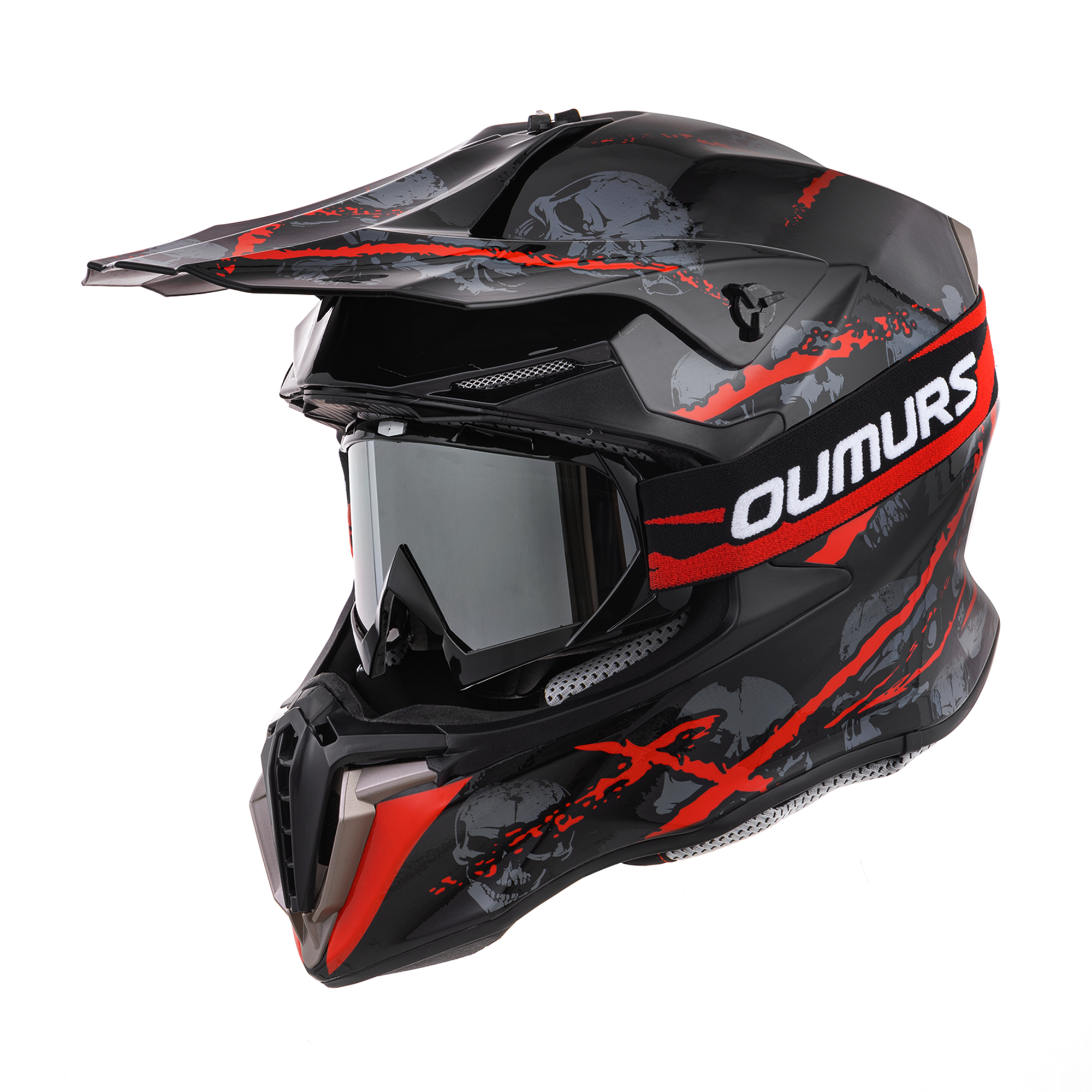 Oumurs 806 Red Skull motocross helmet with matching goggles, left front three-quarter view