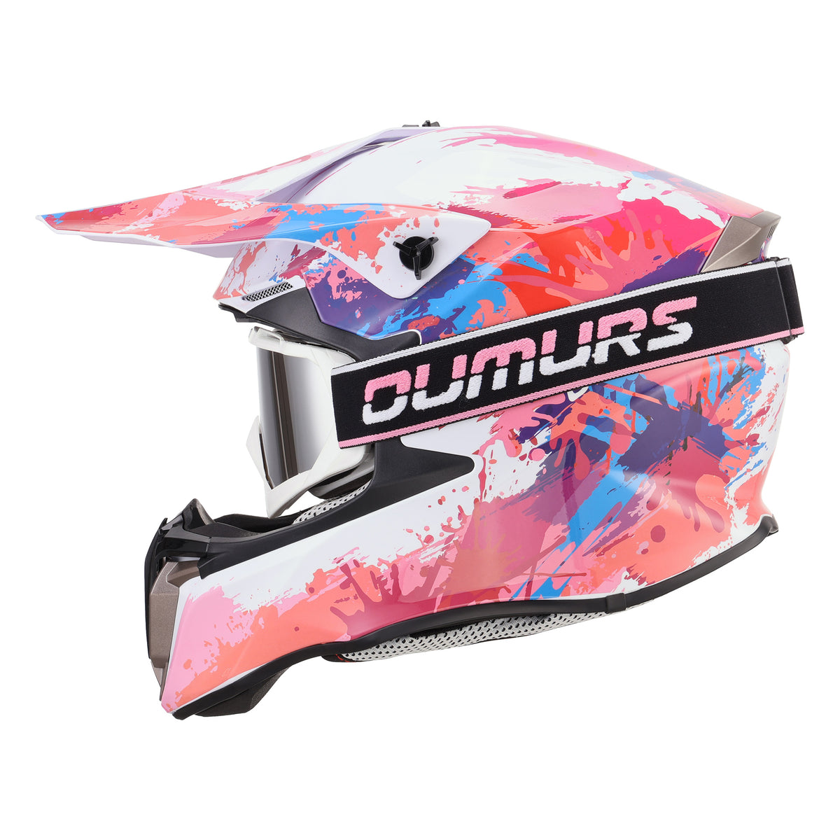 A full-face motocross helmet with a vibrant pink, orange, and blue paint splatter pattern, featuring a black and white visor strap with the brand name 'OUMURS' in white.