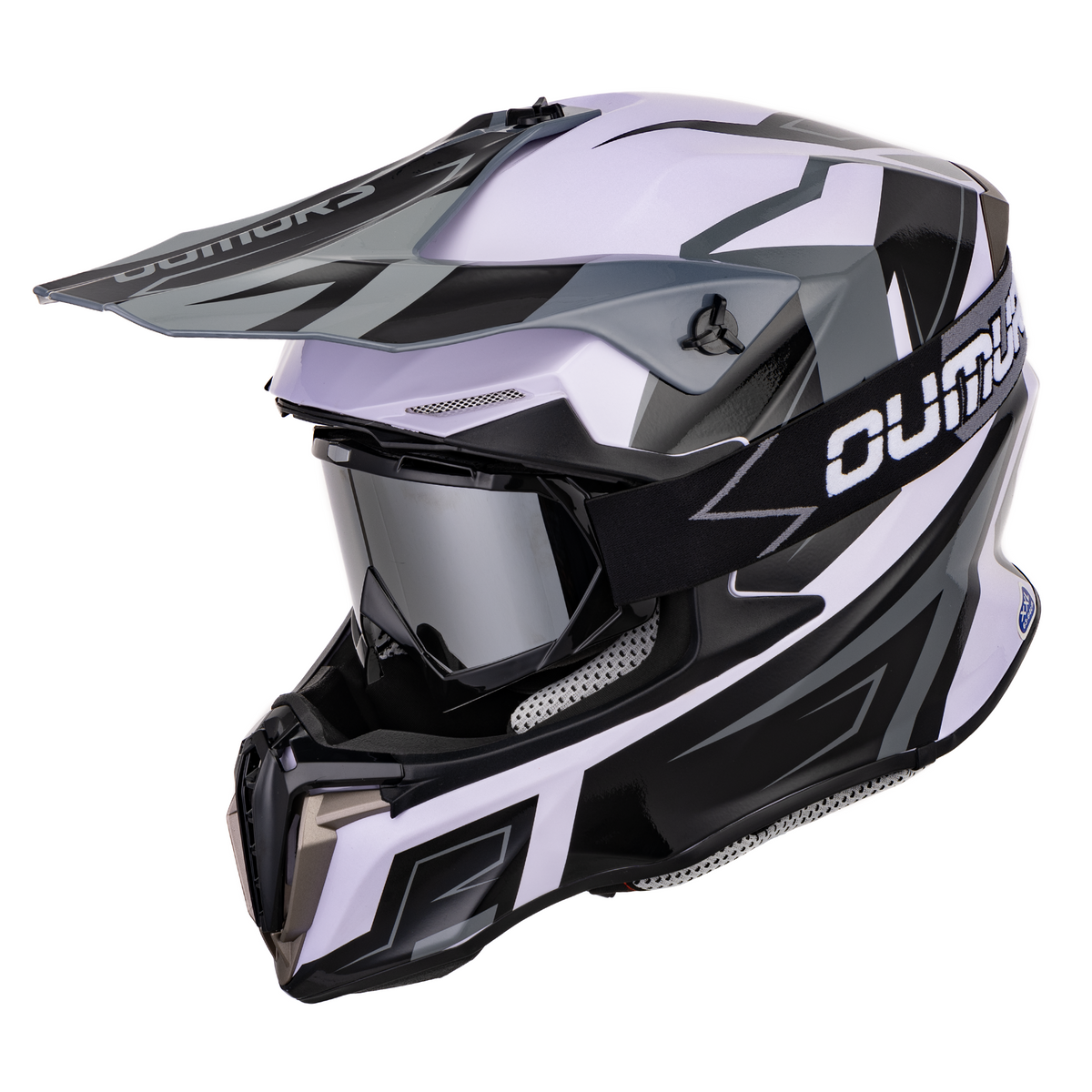 A full-face off-road motorcycle helmet in black, white, and gray, featuring a clear visor and the brand name 'OUMAKO' printed on the side and visor, shown against a plain white background.