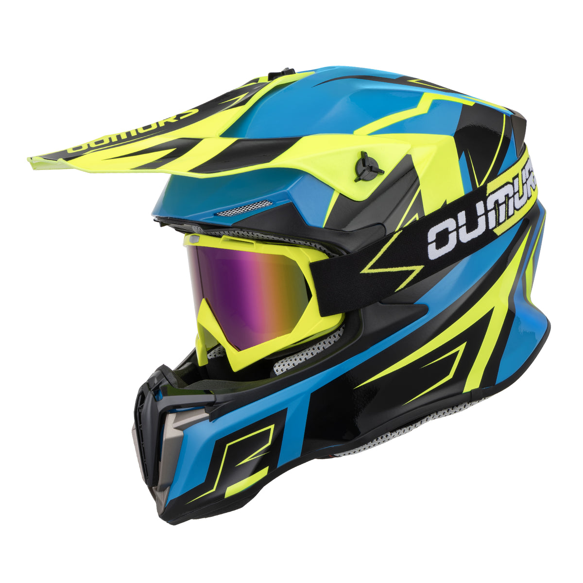 A motocross helmet in a striking blue, black, and neon yellow colorway, featuring a matching shield visor with a purple-to-yellow gradient mirror. The brand name 'OUMAR' is clearly visible on the side and visor.