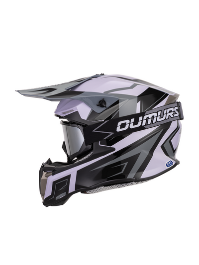 A side profile view of a DTMOTX dirt bike helmet in a black and light purple/lavender color scheme, featuring a clear visor and a black shield lens, with the 'OUMURS' brand name printed on the side strap.