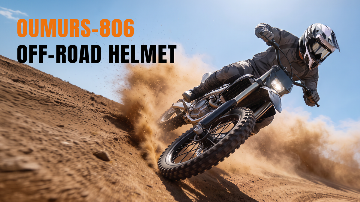 A person riding an off-road motorcycle on a dirt track wearing a white and black full-face helmet. Large text in the top left reads 'OUMURS-806 OFF-ROAD HELMET'.