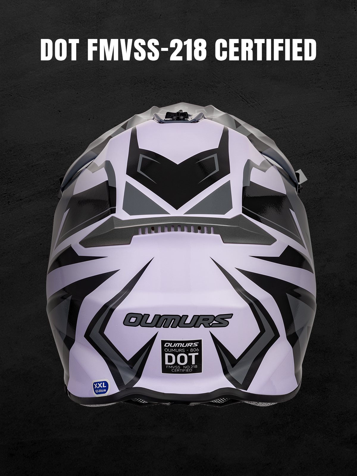 A white and black OUMURS full-face helmet shown from the front on a dark textured background, with the text 'DOT FMVSS-218 CERTIFIED' at the top.