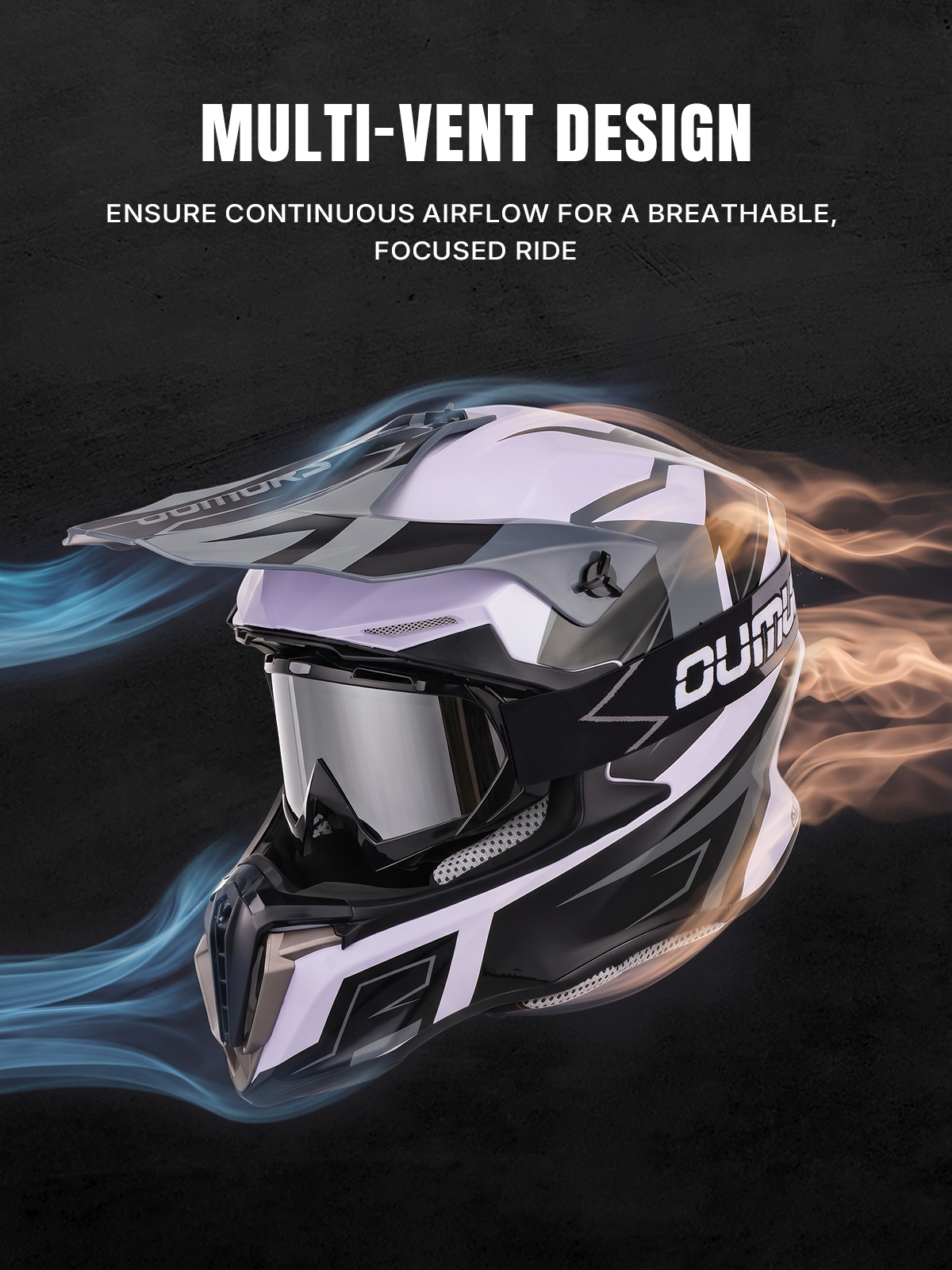 A full-face off-road motorcycle helmet with a clear visor, shown at a three-quarter angle on a dark textured background. The helmet features a black, white, and gray color scheme with graphic accents.