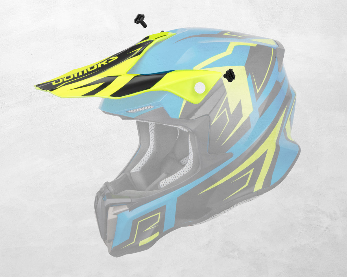 A motocross full-face helmet in light blue, neon yellow, and black, shown from a three-quarters front angle on a light gray textured background.