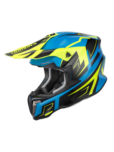 A motocross full-face helmet in a striking blue, black, and neon yellow colorway, shown from a three-quarters angle against a plain white background.