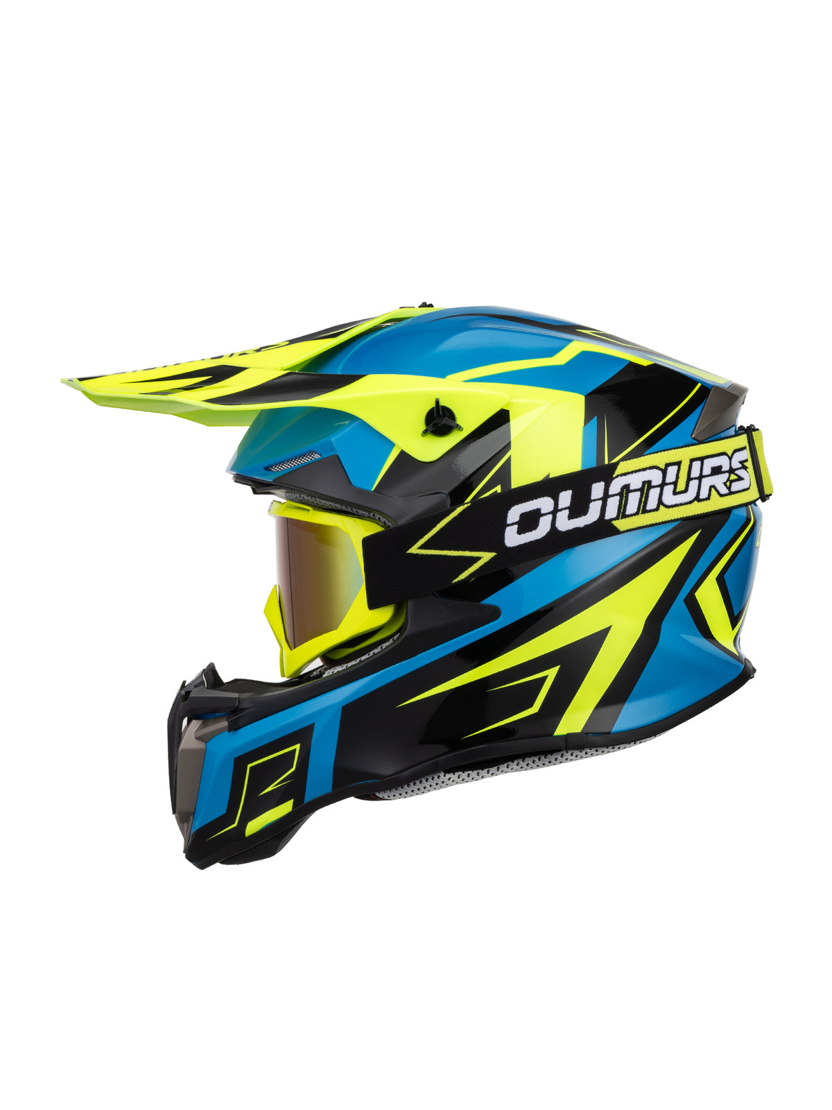 A side-profile view of a motocross helmet featuring a vibrant blue and neon yellow graphic design with black accents and a clear visor, on a solid white background.