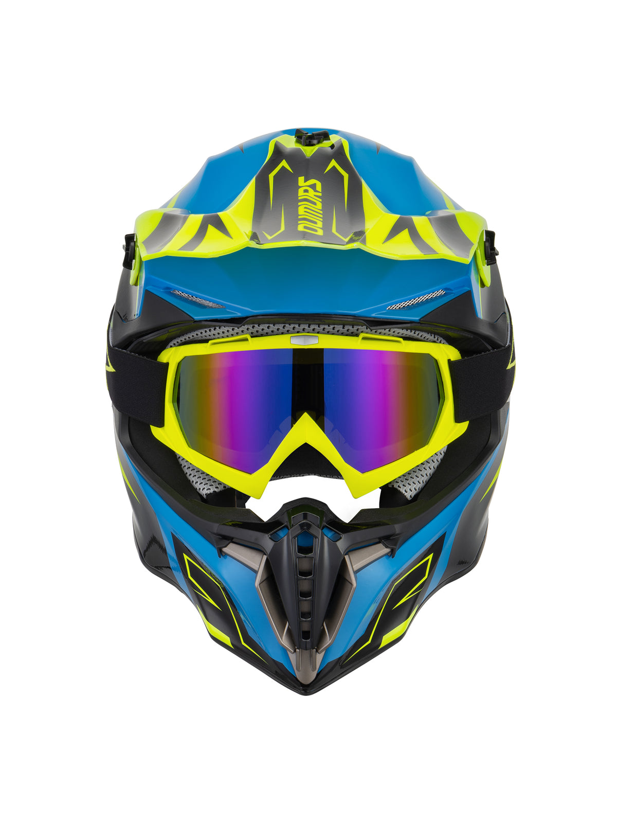 A blue and black full-face motocross helmet with bright yellow accents and matching yellow goggles featuring a purple and pink mirrored lens, shown against a plain white background.