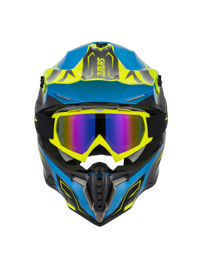 A blue and black full-face motocross helmet with bright yellow accents and matching yellow goggles featuring a purple and pink mirrored lens, shown against a plain white background.