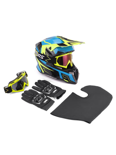 A motocross helmet set with a blue, black, and neon yellow helmet, matching goggles, black gloves, and a black neck warmer, displayed on a clean white background.