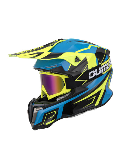 A motocross full-face helmet in a striking blue, yellow, and black colorway, featuring a matching blue, yellow, and black visor and a reflective purple mirror lens. The brand name 'CUMHOSE' is clearly visible on the side of the helmet.
