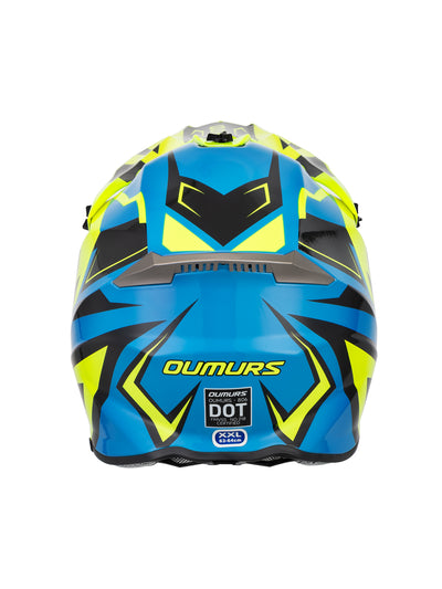 A blue, yellow, and black full-face motocross helmet shown from the back, featuring the OUMURS brand name and a DOT certification sticker.