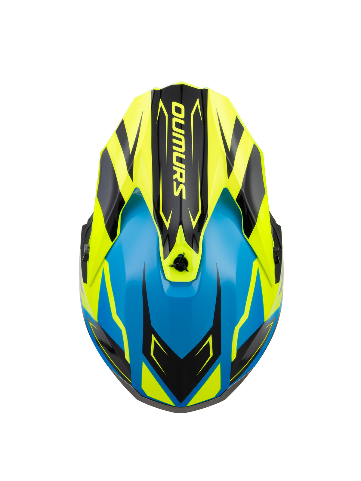 A youth motocross helmet shown from a top-down view, featuring a vibrant color scheme of neon yellow, bright blue, and black with the brand name 'OUMURS' printed vertically on the forehead.
