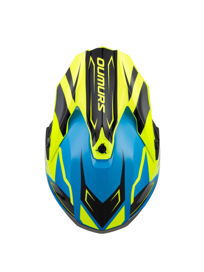 A youth motocross helmet shown from a top-down view, featuring a vibrant color scheme of neon yellow, bright blue, and black with the brand name 'OUMURS' printed vertically on the forehead.