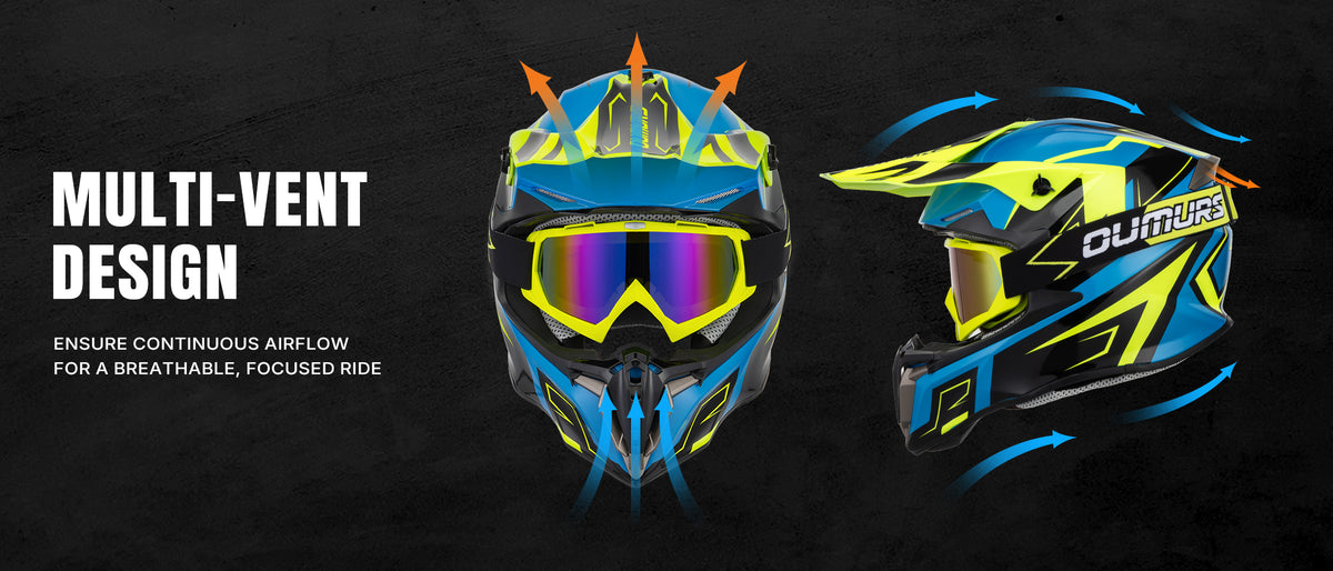 A promotional graphic for a motocross helmet showing two views of the same product on a dark textured background. The left view shows the front with large mirrored goggles and the text 'MULTI-VENT DESIGN'; the right view shows the side with airflow arrows.