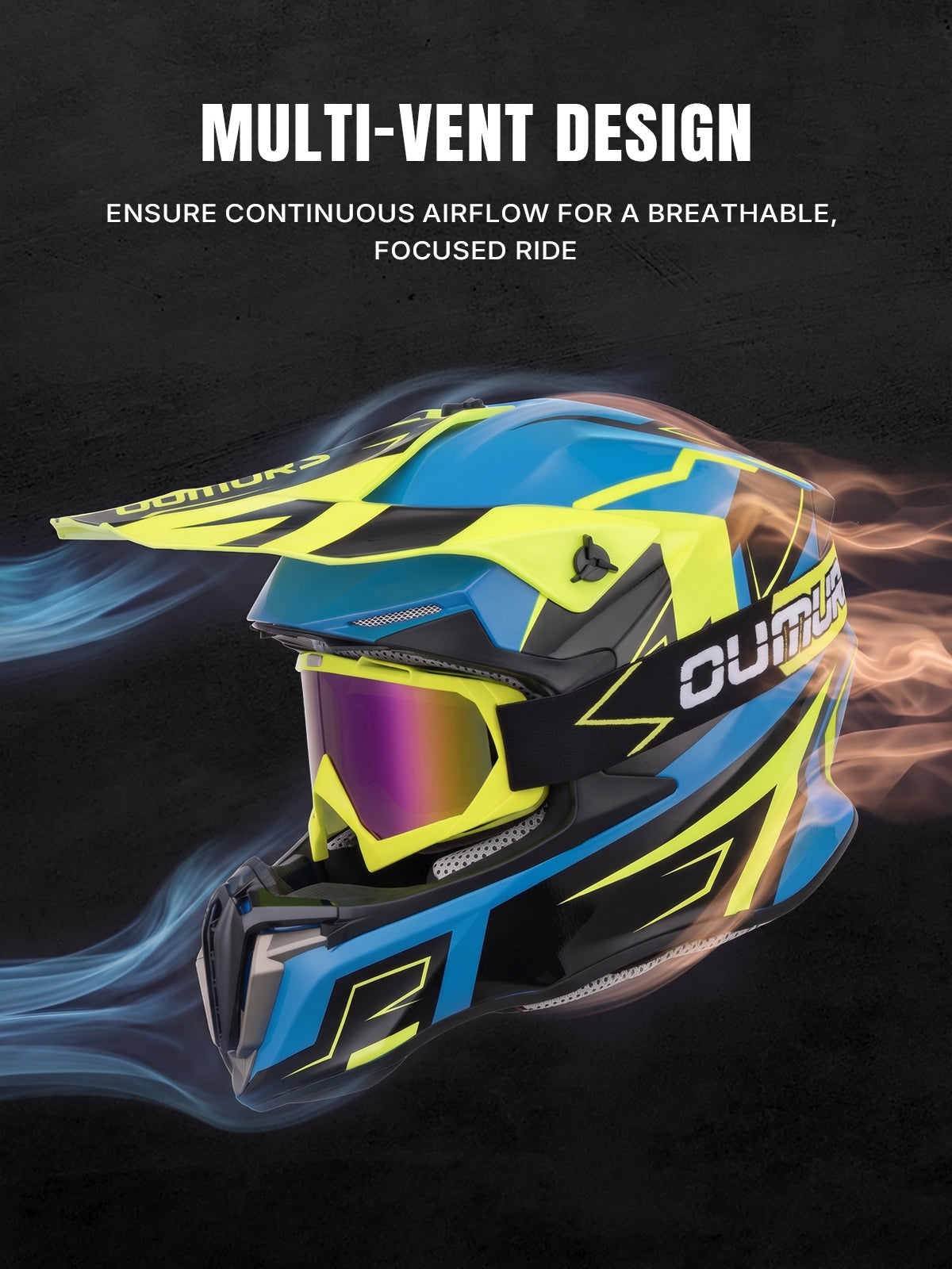 A motocross-style full-face helmet in bright blue, neon yellow, and black, shown at an angle with a reflective purple mirror visor. The background is dark with stylized blue and orange airflow effects, and white text at the top reads 'MULTI-VENT DESIGN' with supporting copy.