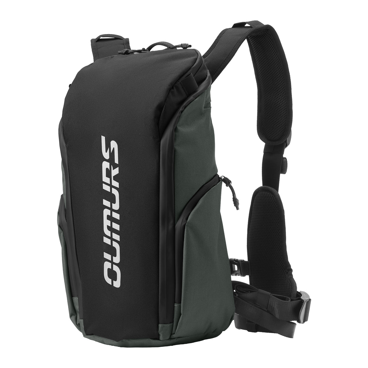 A gray and black OUMURS 15L  motorcycle backpack shown from a three-quarter angle on a solid white background.
