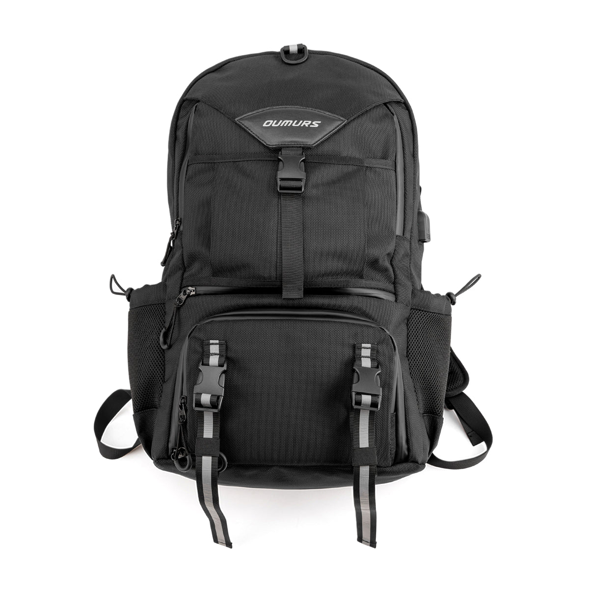 Front view of black OUMURS motorcycle helmet backpack with zippered pockets, buckle straps, and mesh side pockets.