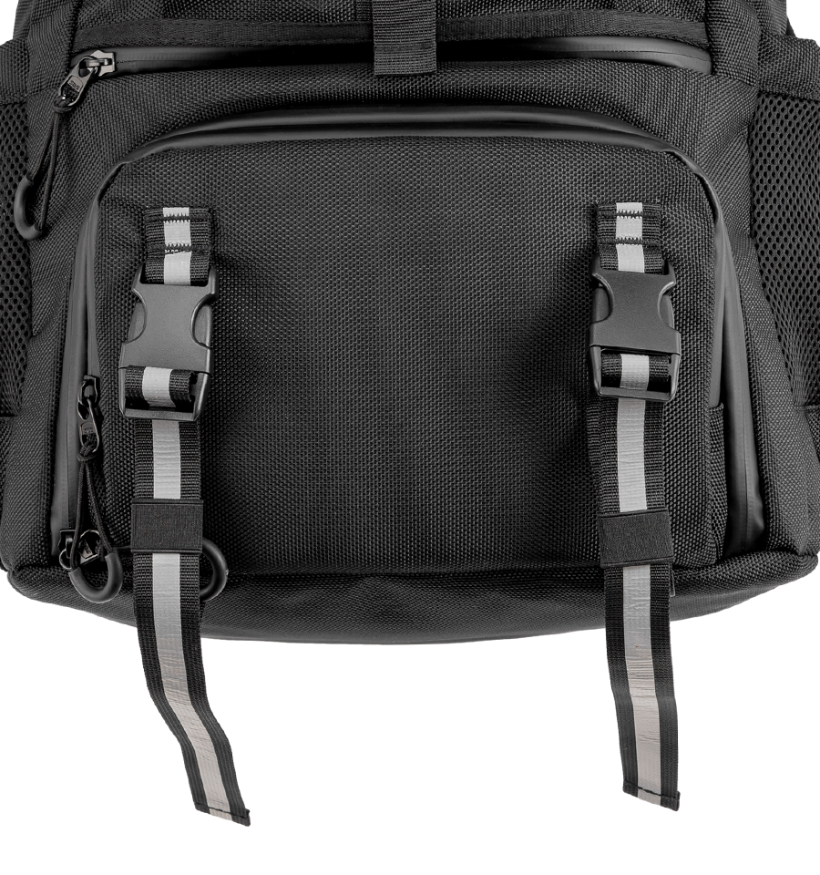 Two adjustable tie-down straps with buckles and reflective strips on a black motorcycle backpack
