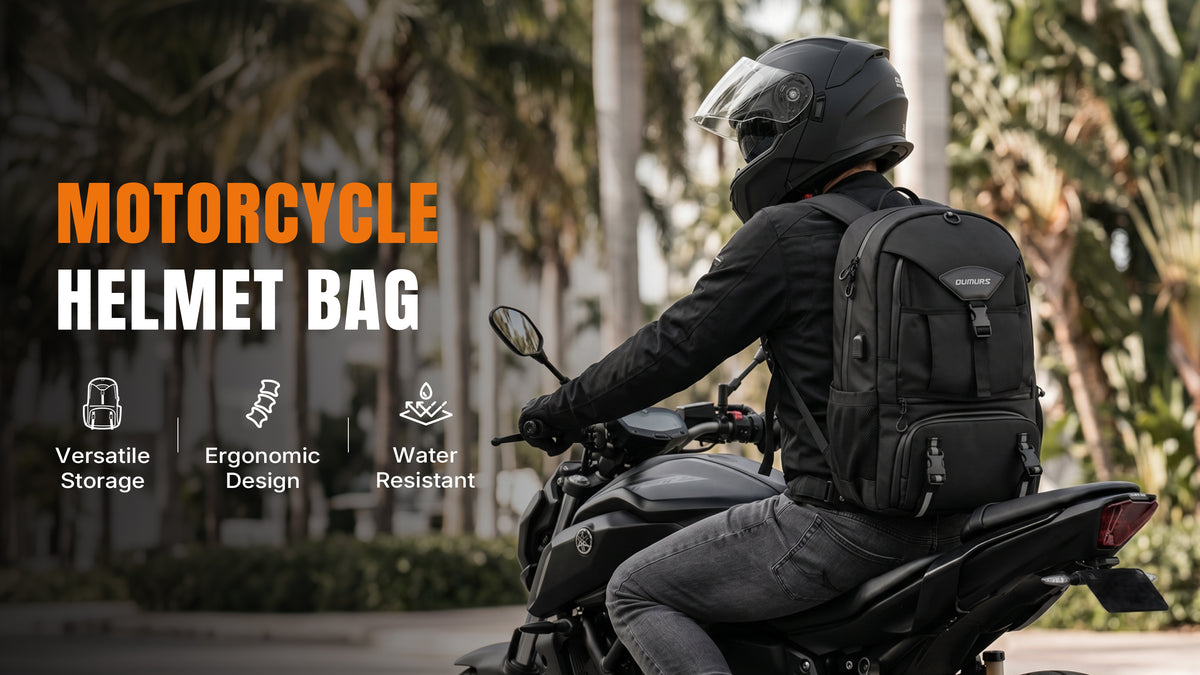 Motorcyclist wearing a black Oumurs helmet backpack, highlighting versatile storage, ergonomic design and water resistance